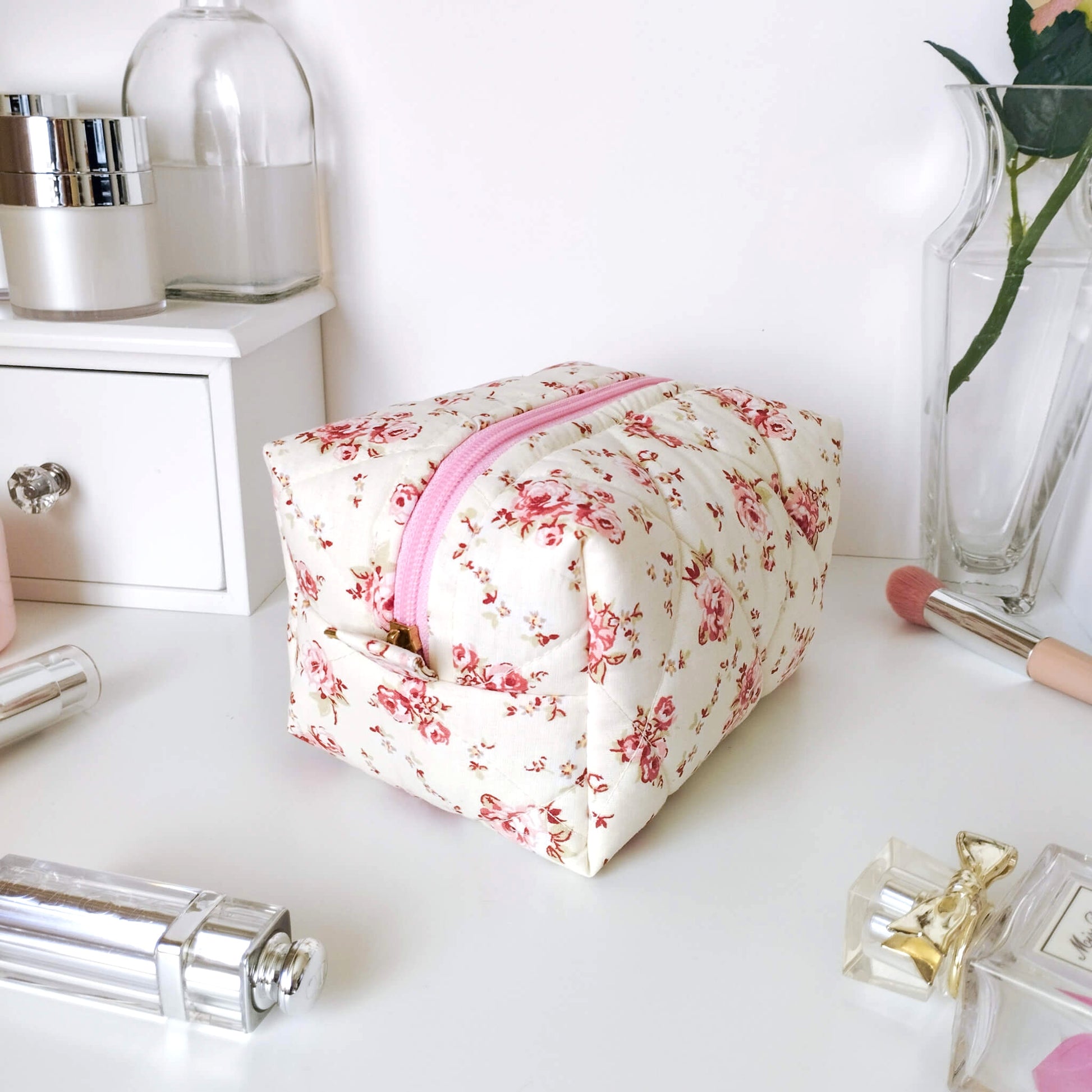 Pink Floral Makeup Bag Handmade