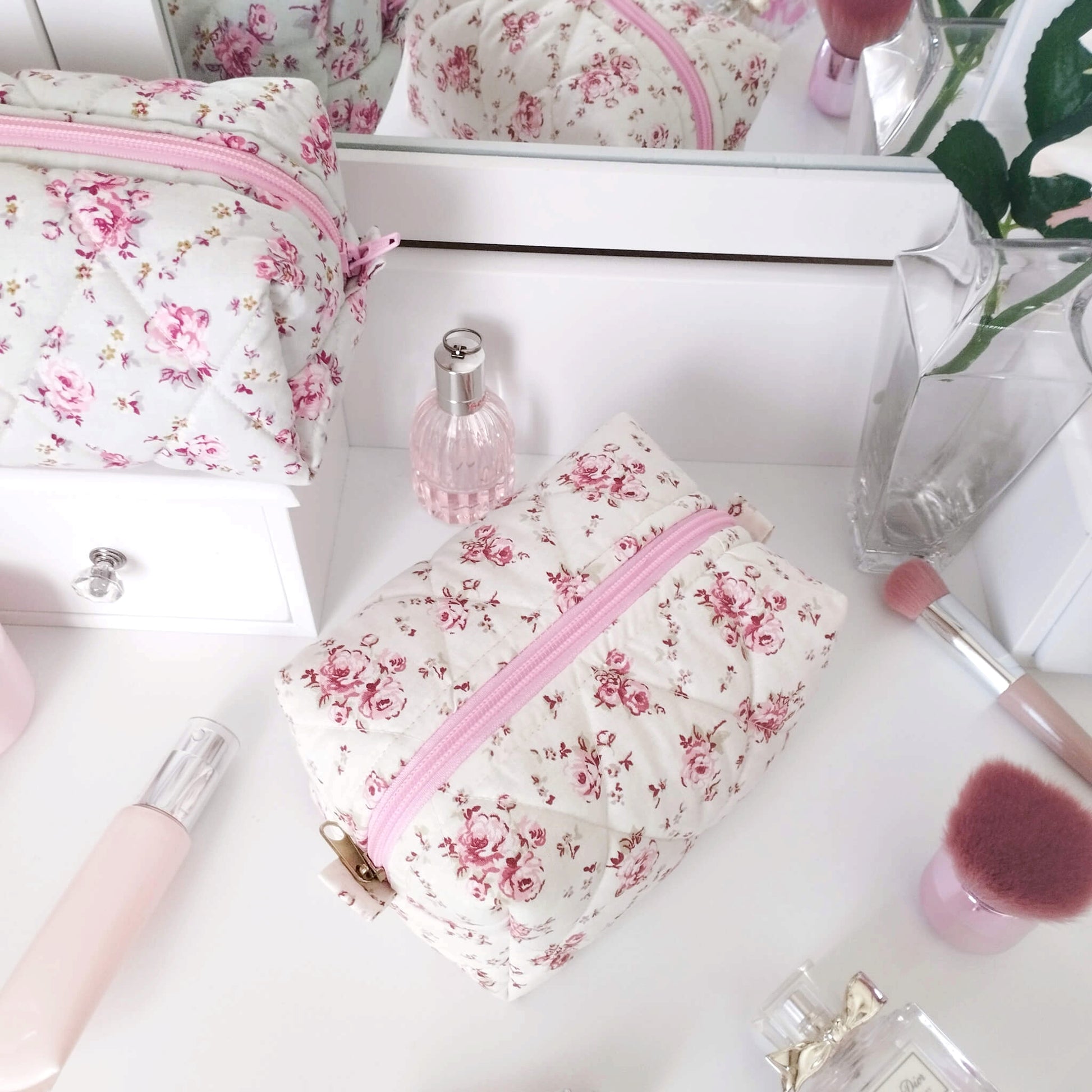Pink Floral Makeup Bag Handmade