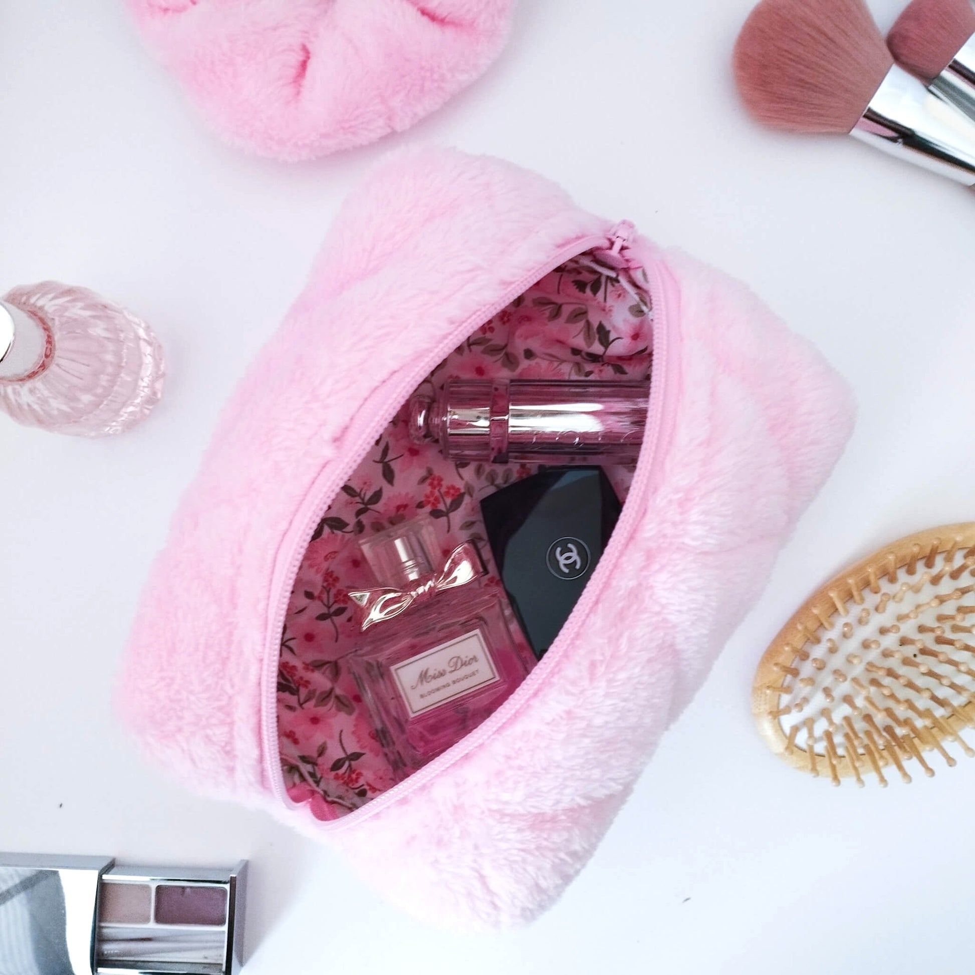 Sugar Pink Furry Quilted Makeup and Cosmetic Bag