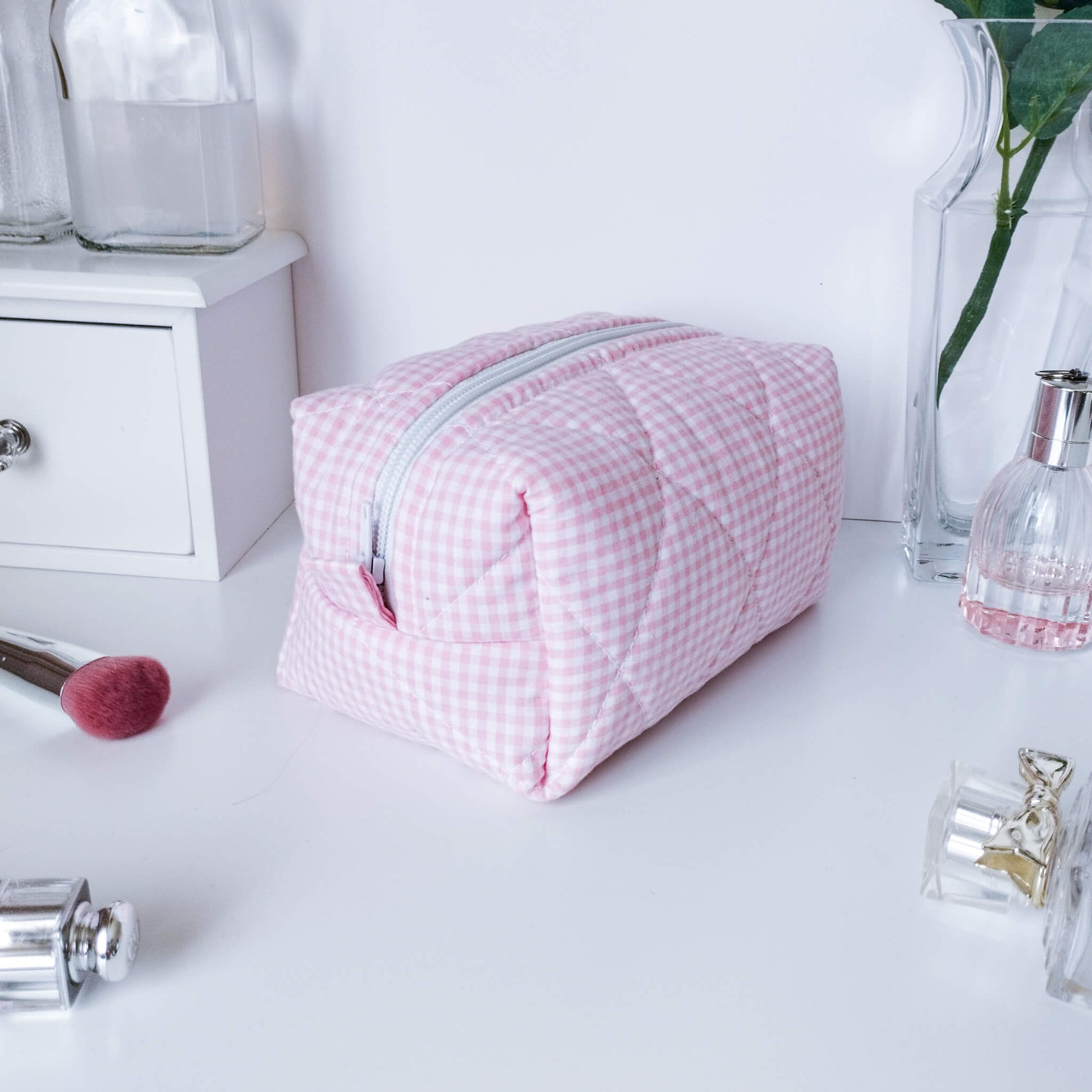 Pink Gingham Quilted Makeup Bag